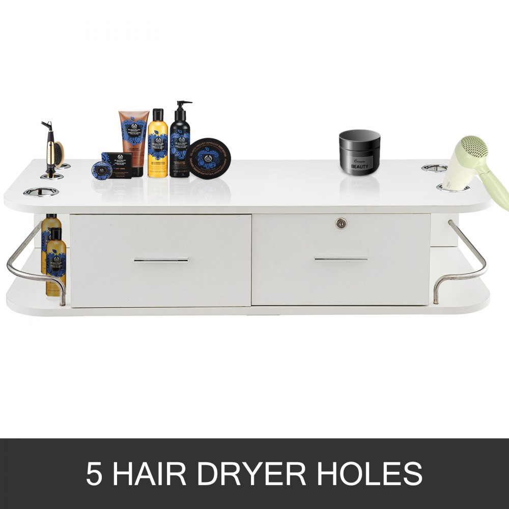 white VEVOR styling station with hair products and 5 hair dryer holes.
