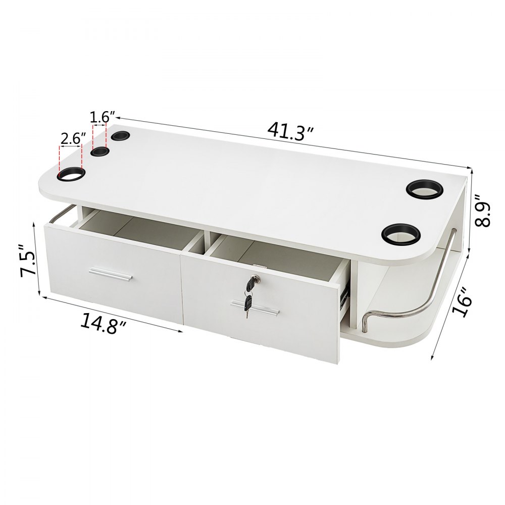 VEVOR styling station with open drawer, key lock, and tool holsters. dimensions included.