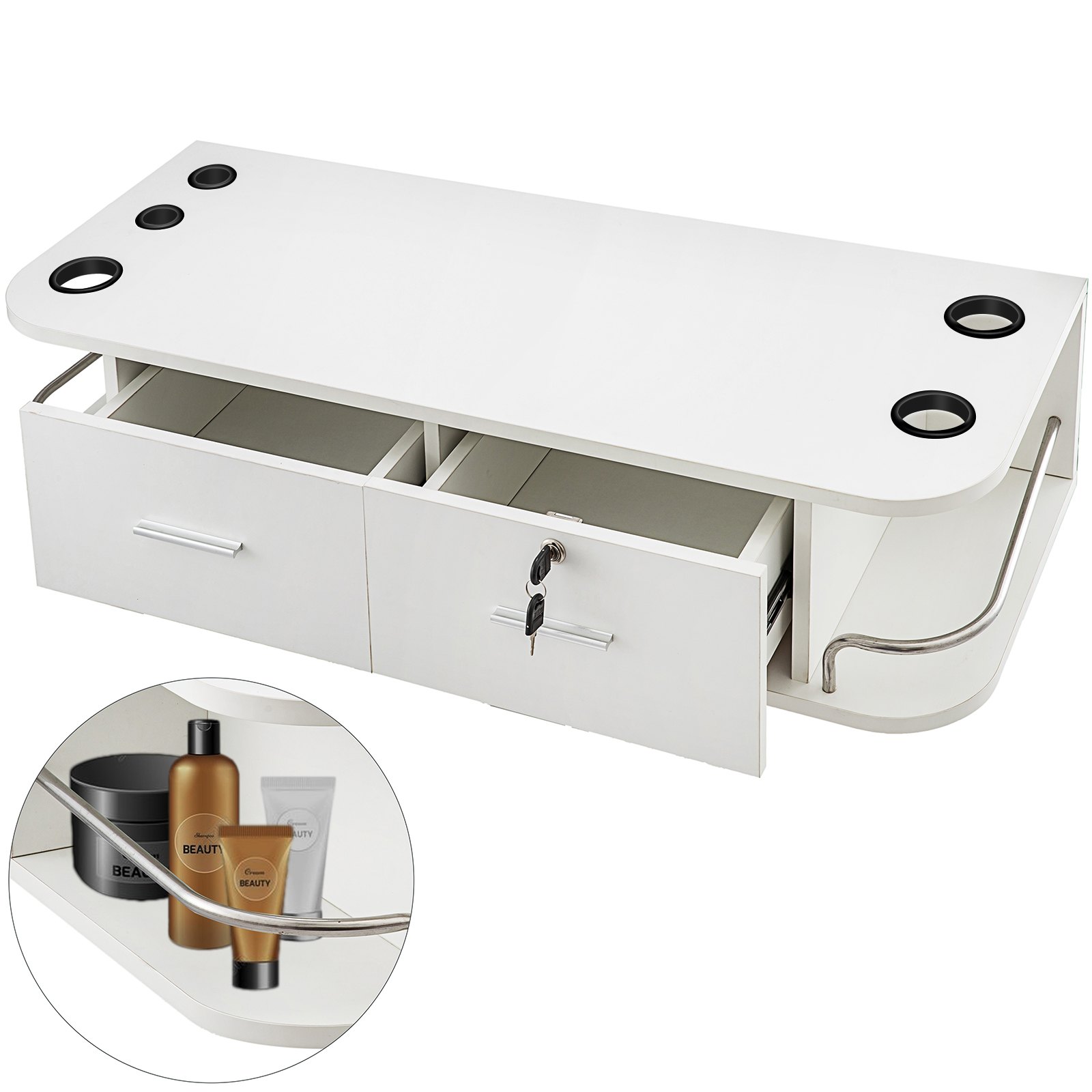 white VEVOR styling station with drawers, lock, and storage shelves for salon essentials.