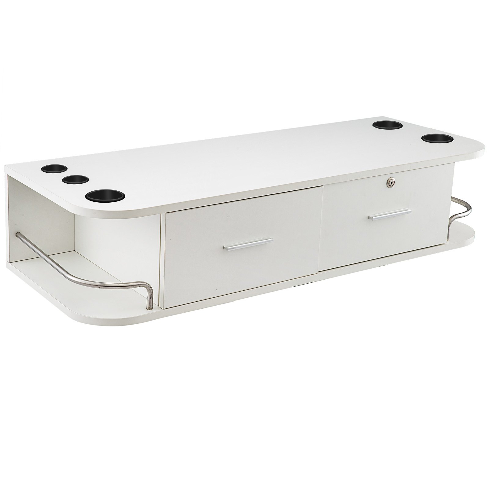 white VEVOR styling station with storage drawers, metal bars, and appliance holders.