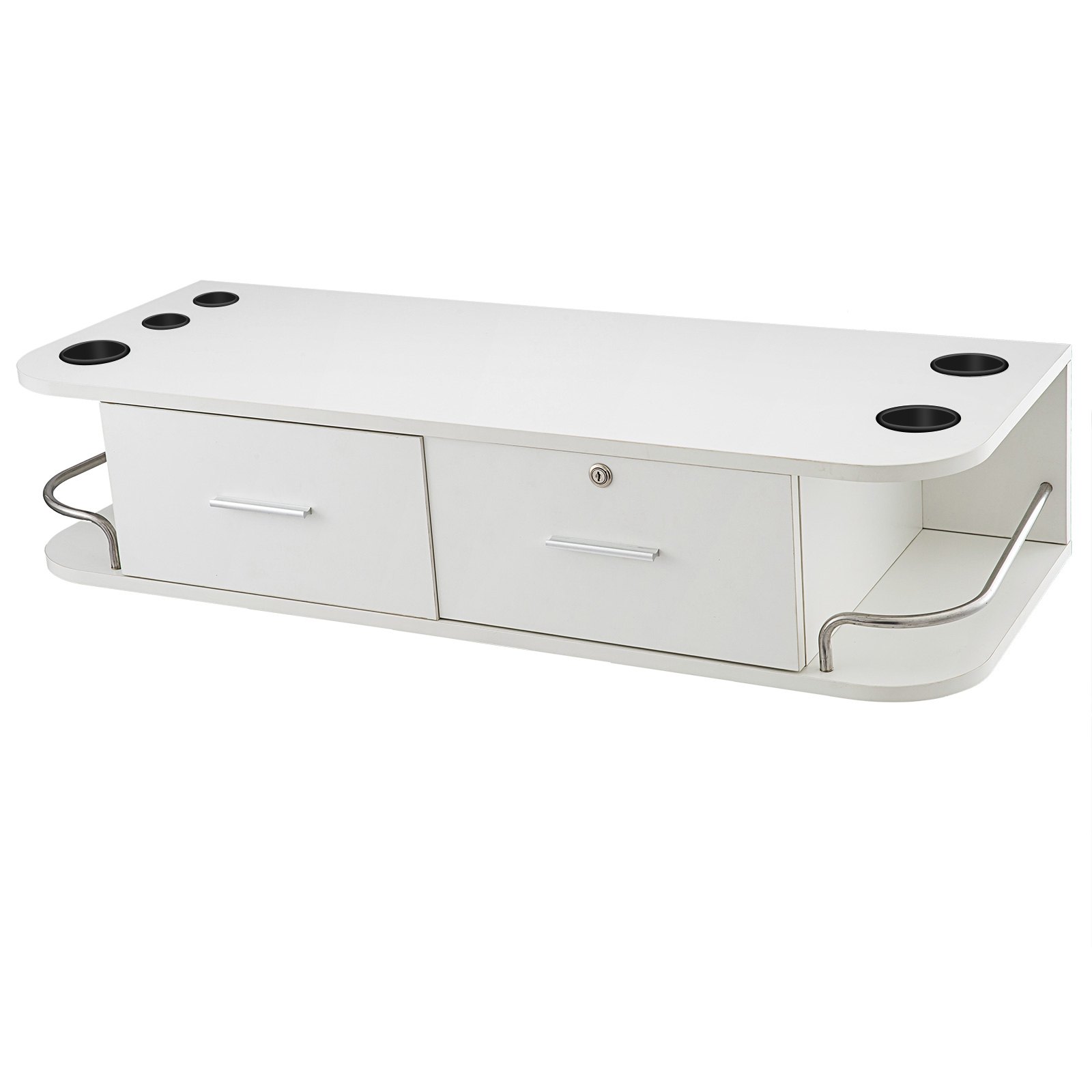 white VEVOR styling station with drawers, appliance holders, and a side guard rail.