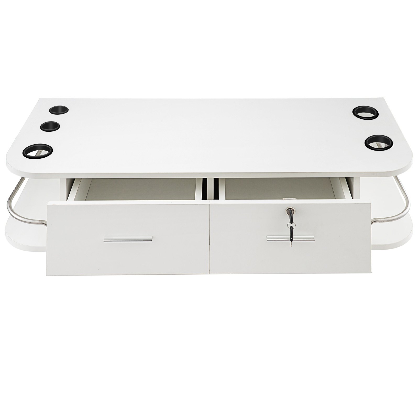 white VEVOR styling station with dual drawers, built-in appliance holders, and lock.