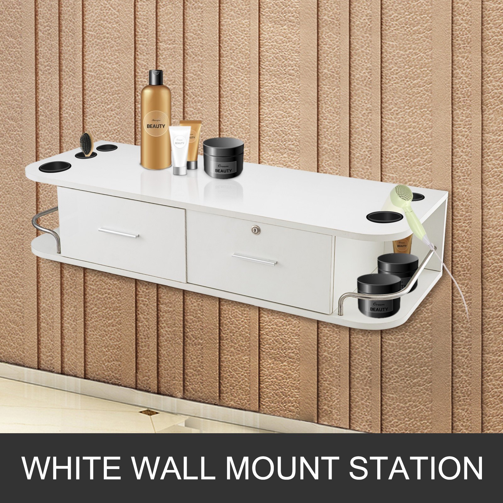 VEVOR styling station: white wall-mounted unit with beauty products and drawers.