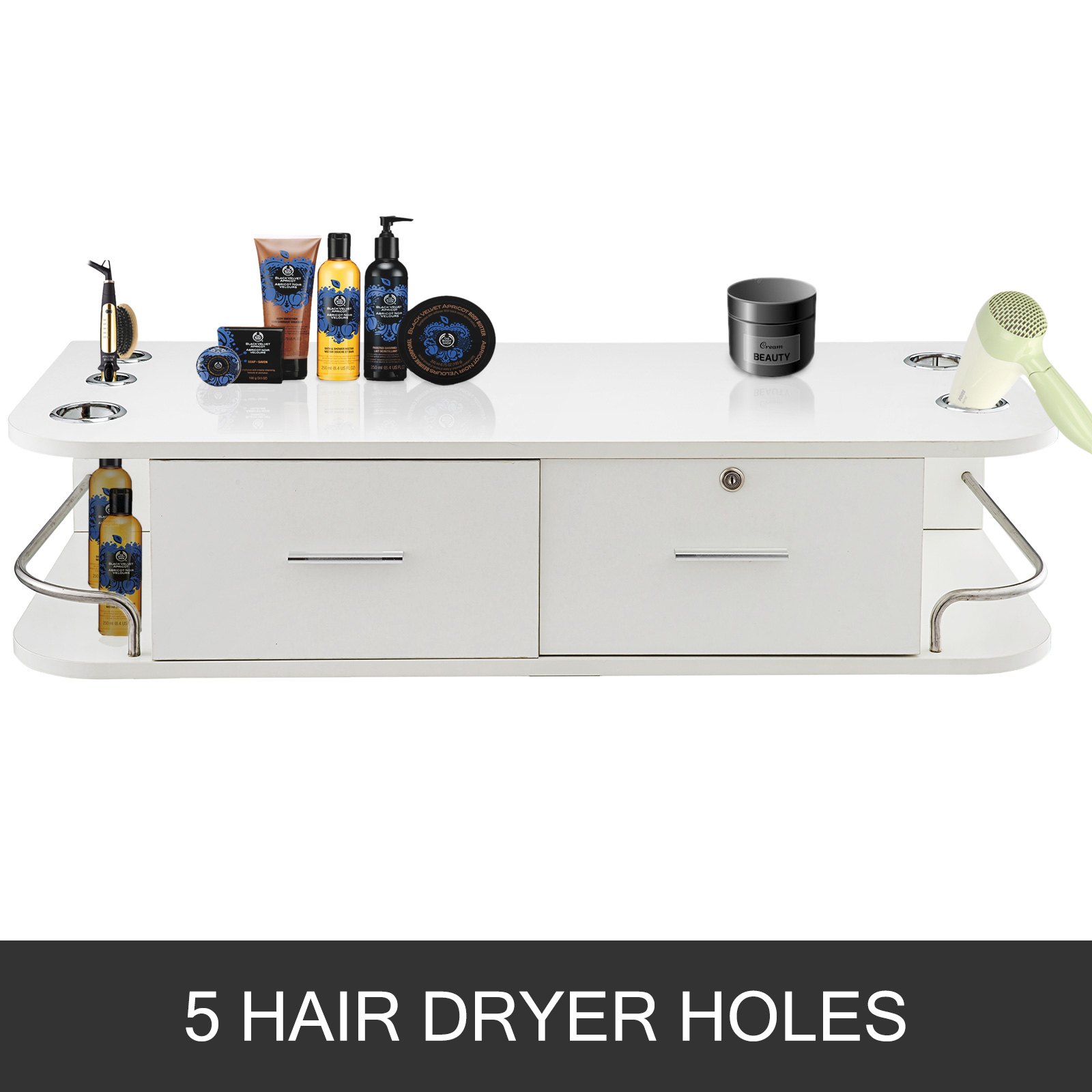 white VEVOR styling station with hair products and 5 hair dryer holes.