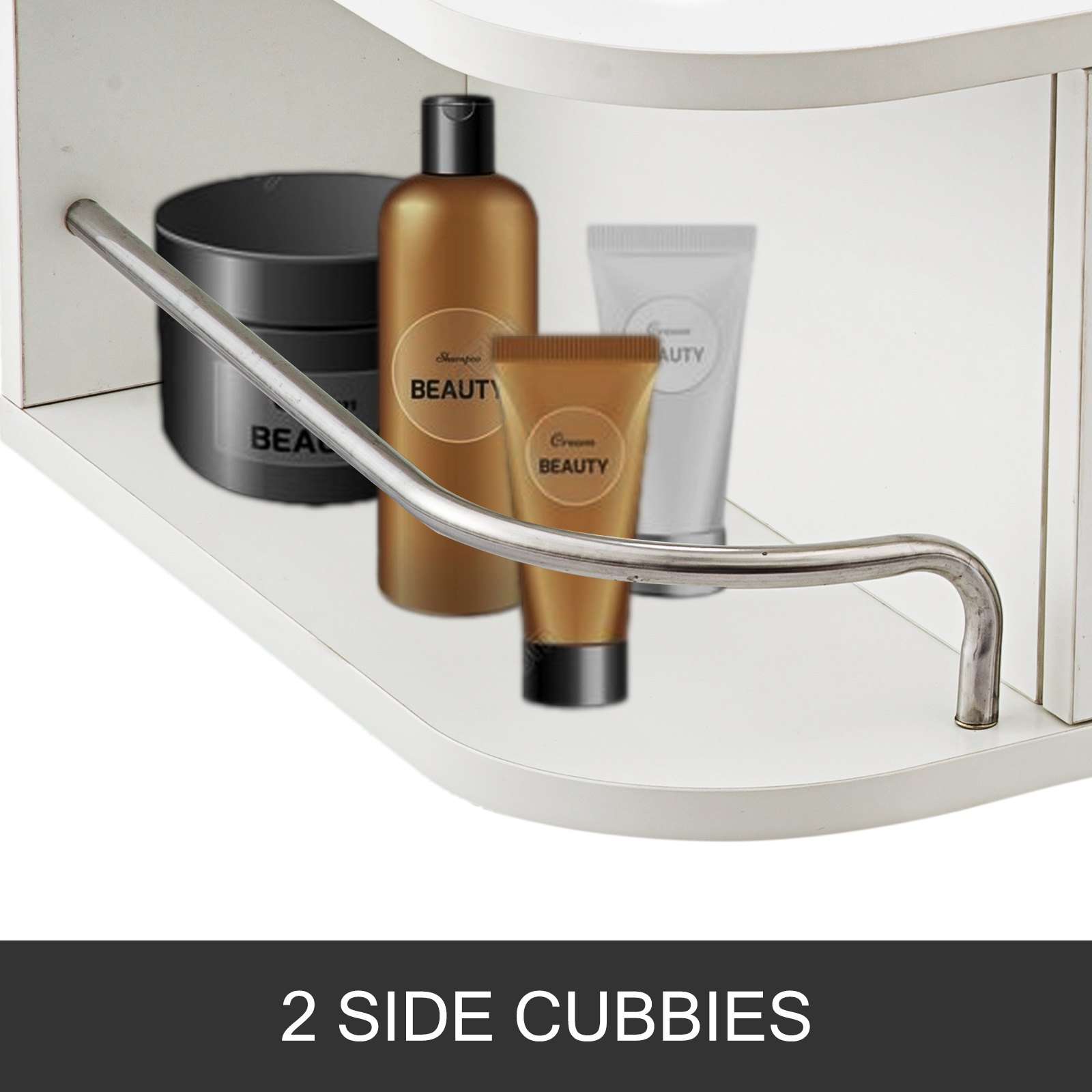 VEVOR styling station with 2 side cubbies holding beauty products and accessories.