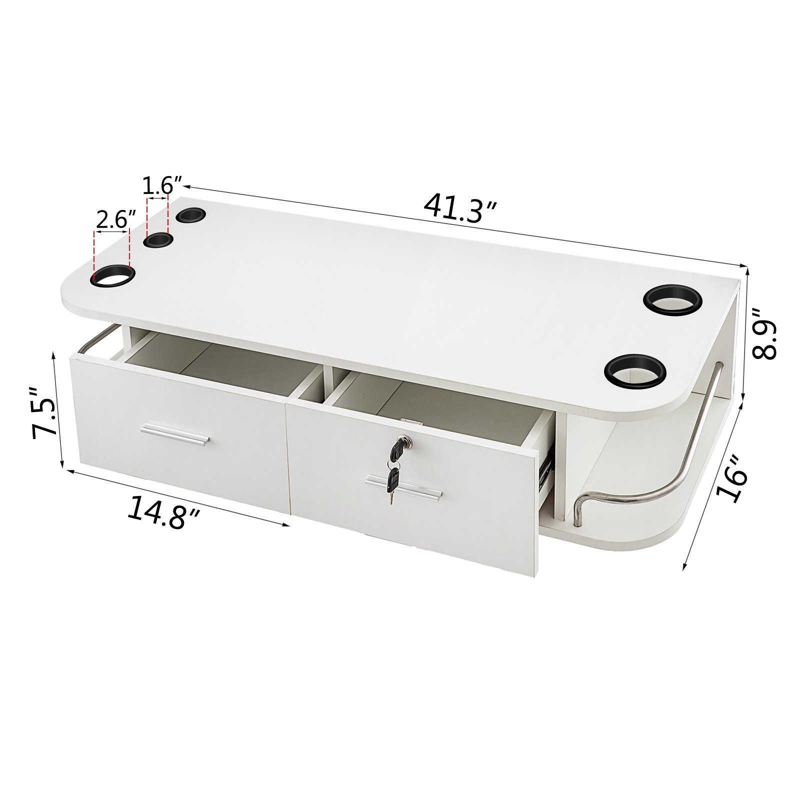 VEVOR styling station with open drawer, key lock, and tool holsters. dimensions included.