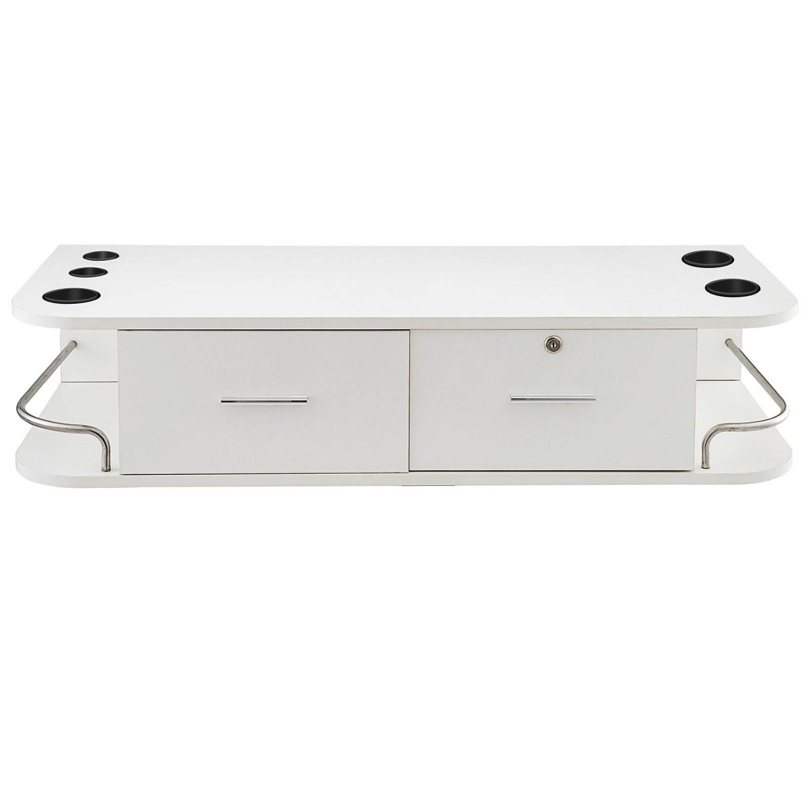 white VEVOR styling station with two drawers, side rails, and cup holders.