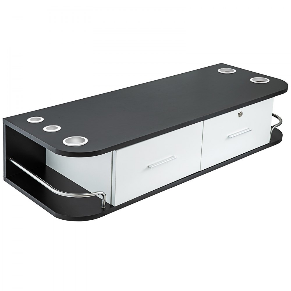 VEVOR salon styling station with black top, white drawers, and metal handle.