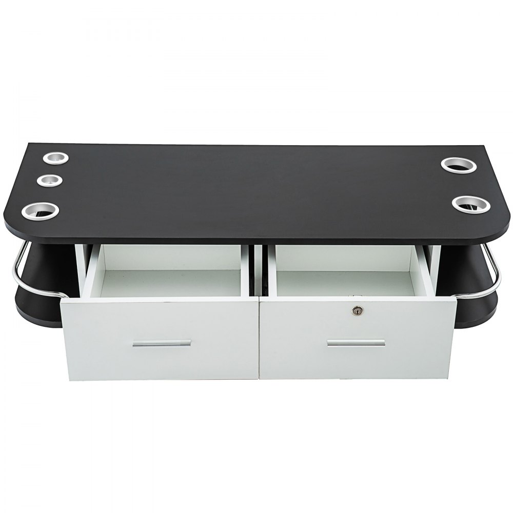 VEVOR salon styling station with black top, white drawers, and metal inserts.