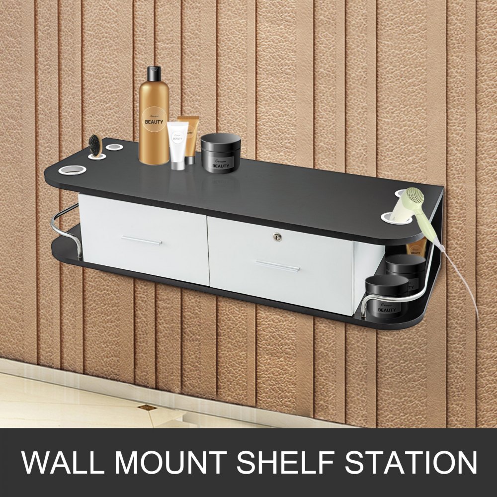 VEVOR salon styling station with shelves and beauty products on a wall.