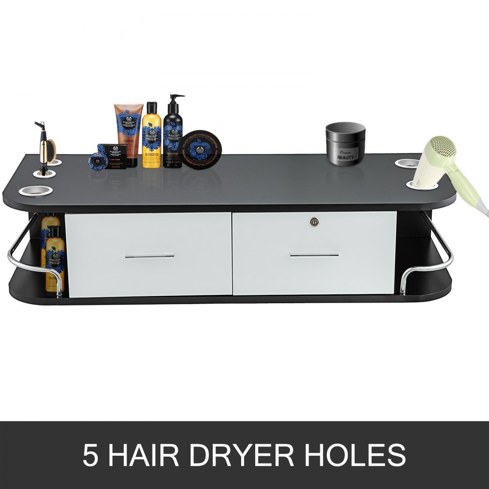 VEVOR salon styling station with storage, beauty products, and 5 hair dryer holes.