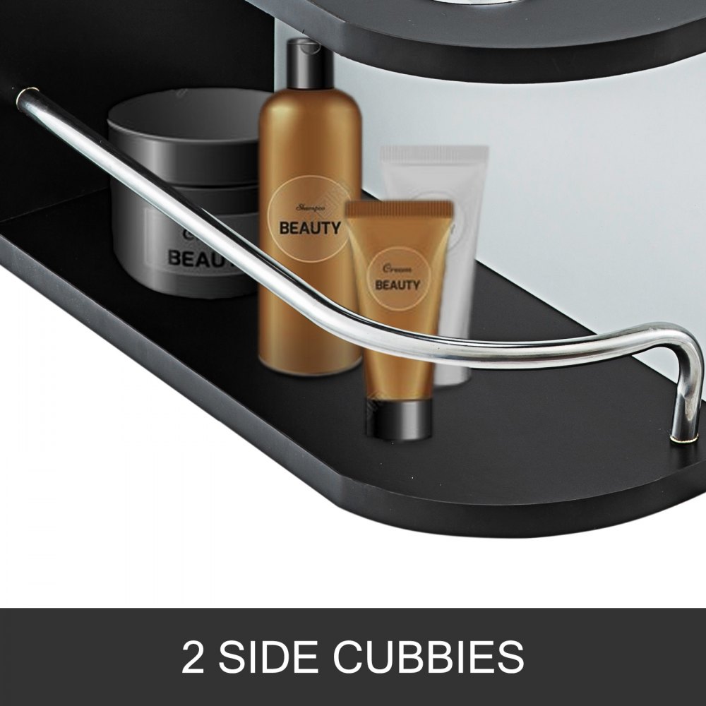 VEVOR salon styling station with side cubbies and beauty products.