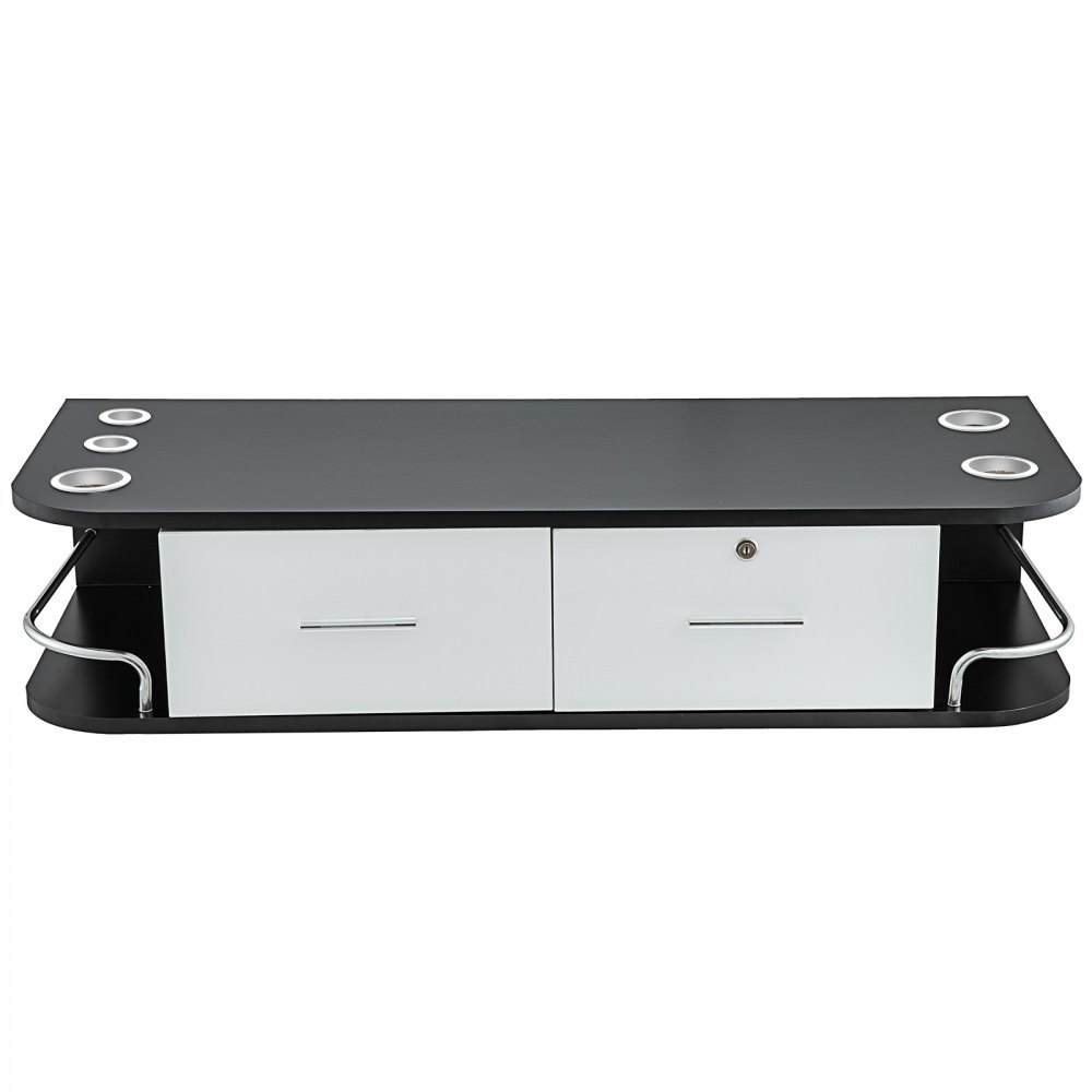VEVOR salon styling station with drawers and shelves in a black and white design.