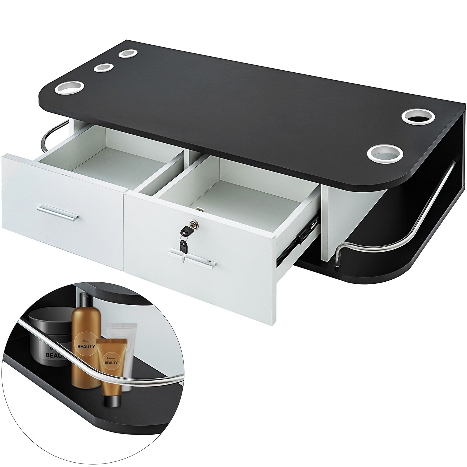 VEVOR salon styling station with storage drawers and product holder.