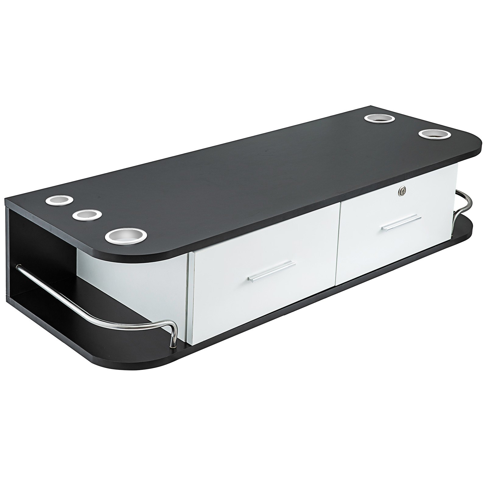 VEVOR salon styling station with black top, white drawers, and metal handle.