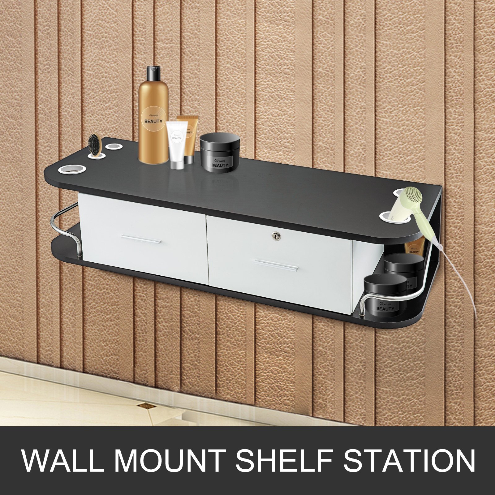 VEVOR salon styling station with shelves and beauty products on a wall.