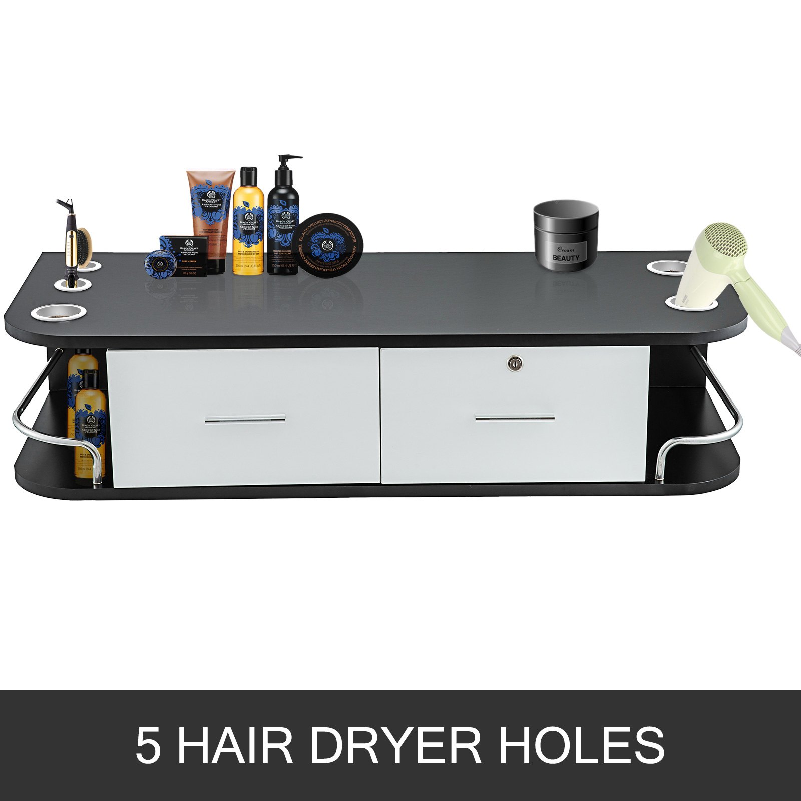 VEVOR salon styling station with storage, beauty products, and 5 hair dryer holes.