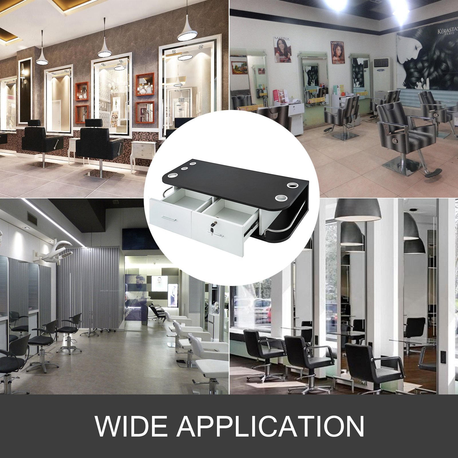 VEVOR salon styling station in multiple modern salon setups. wide application showcased.