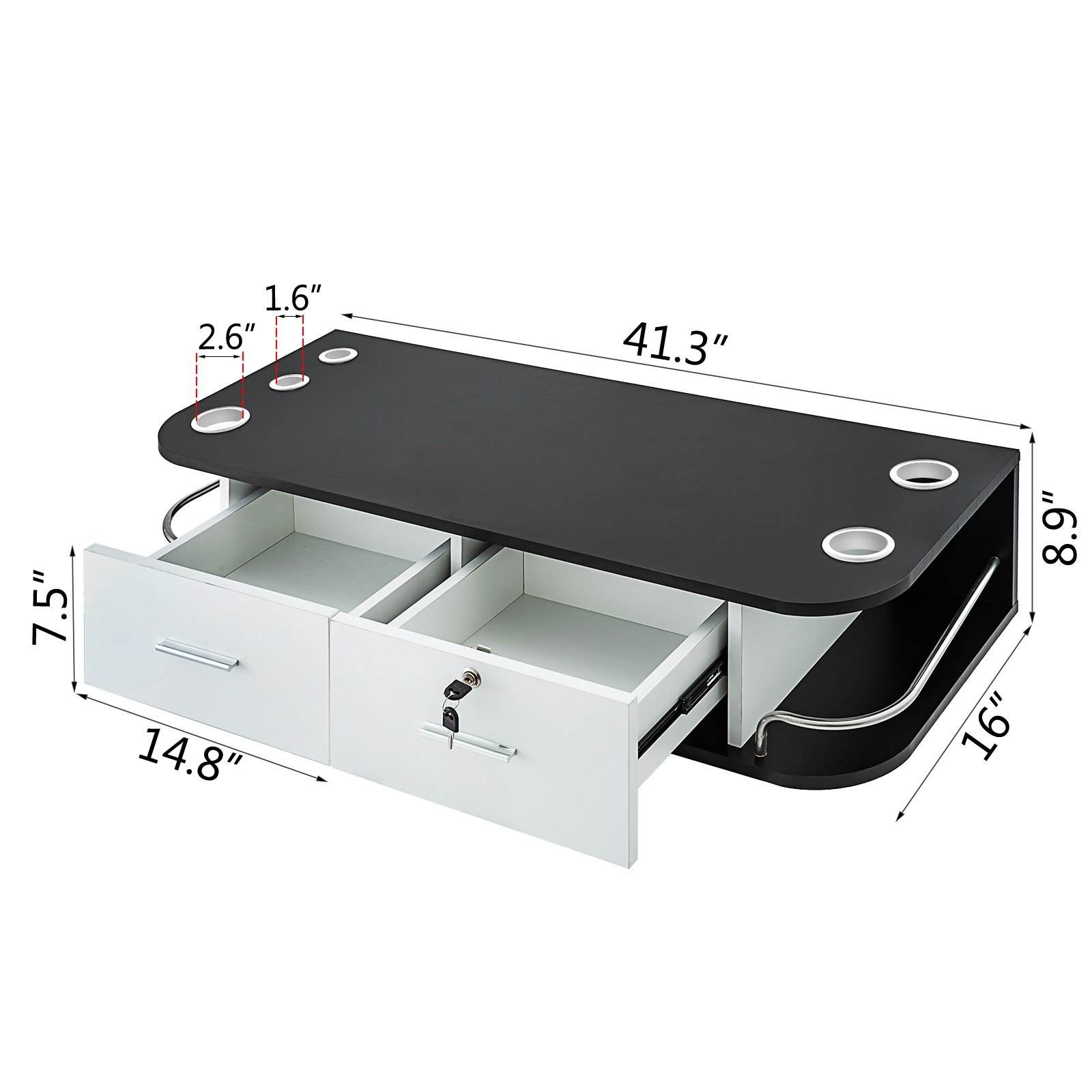 black and white VEVOR salon styling station with dimensions and open drawers.