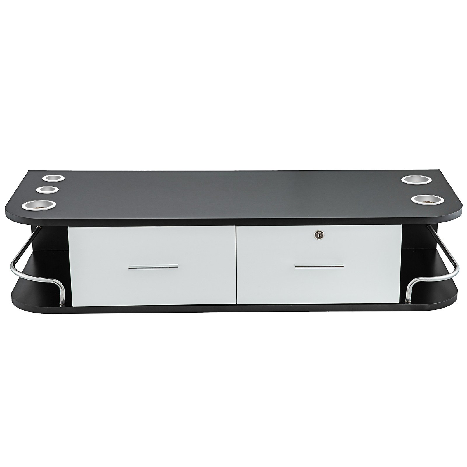 VEVOR salon styling station with drawers and shelves in a black and white design.