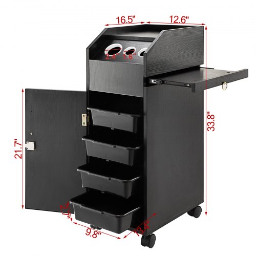 VEVOR Black Beauty Salon Trolley Storage Cart Salon SPA Trolley Cart with 4 Plastic Salon Storage Drawers Sliding Wheels 3 Hair Dryer Holes with Space-saving Side Tray Salon Stations