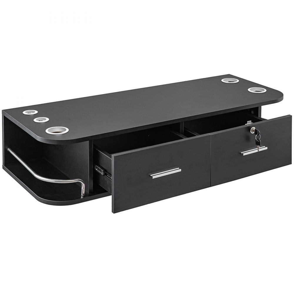VEVOR black styling station with drawers, stainless steel handles, and appliance holders.