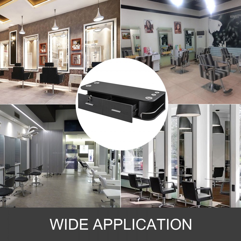 VEVOR black styling station in various salon settings for wide application.