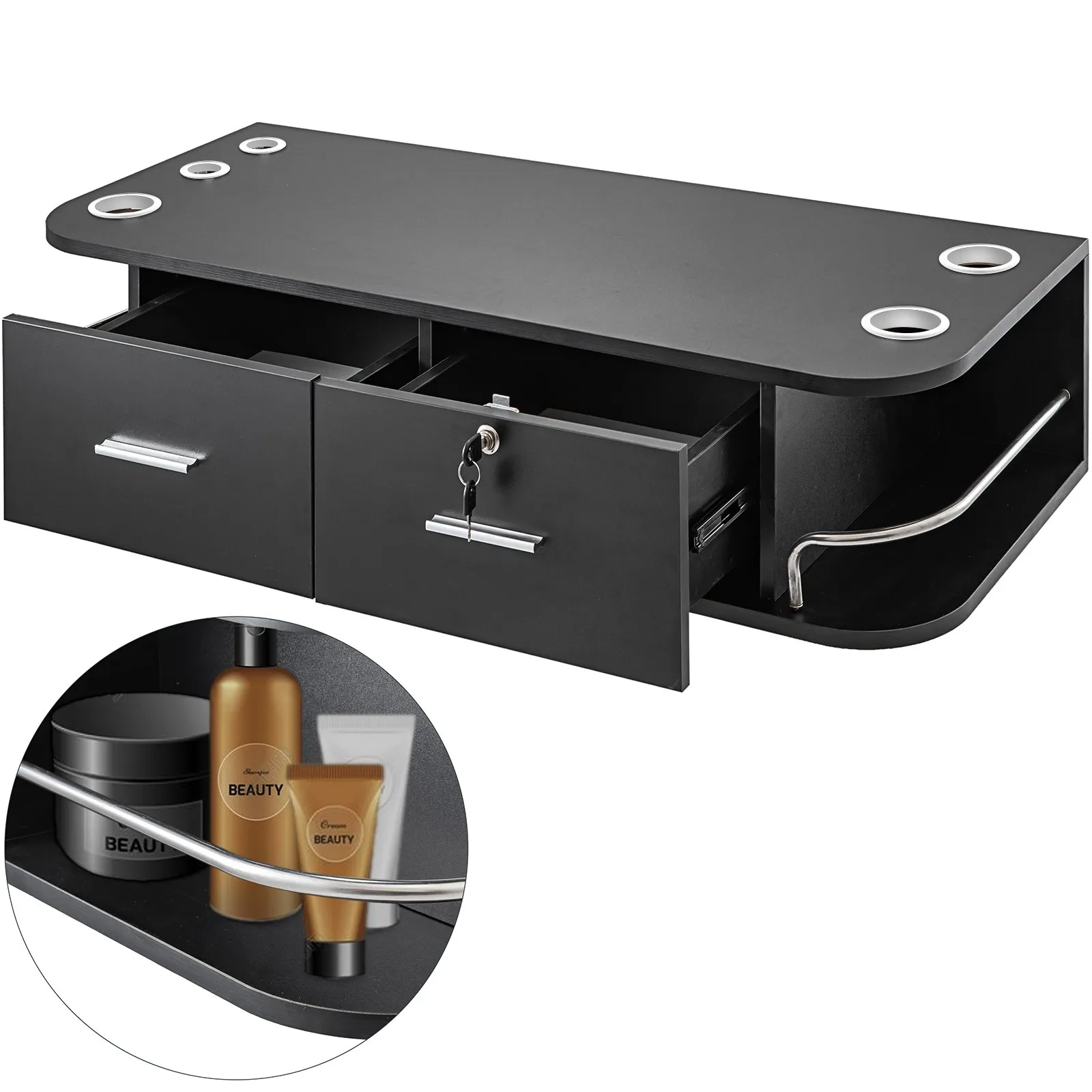 VEVOR black styling station with drawers, shelves, and metal holders for salon beauty products.