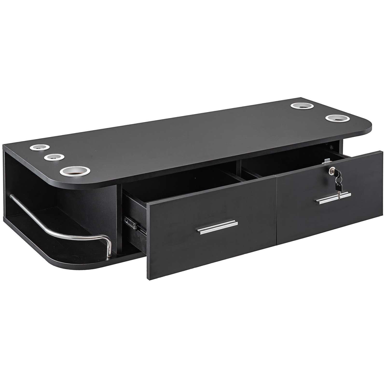 VEVOR black styling station with drawers, stainless steel handles, and appliance holders.