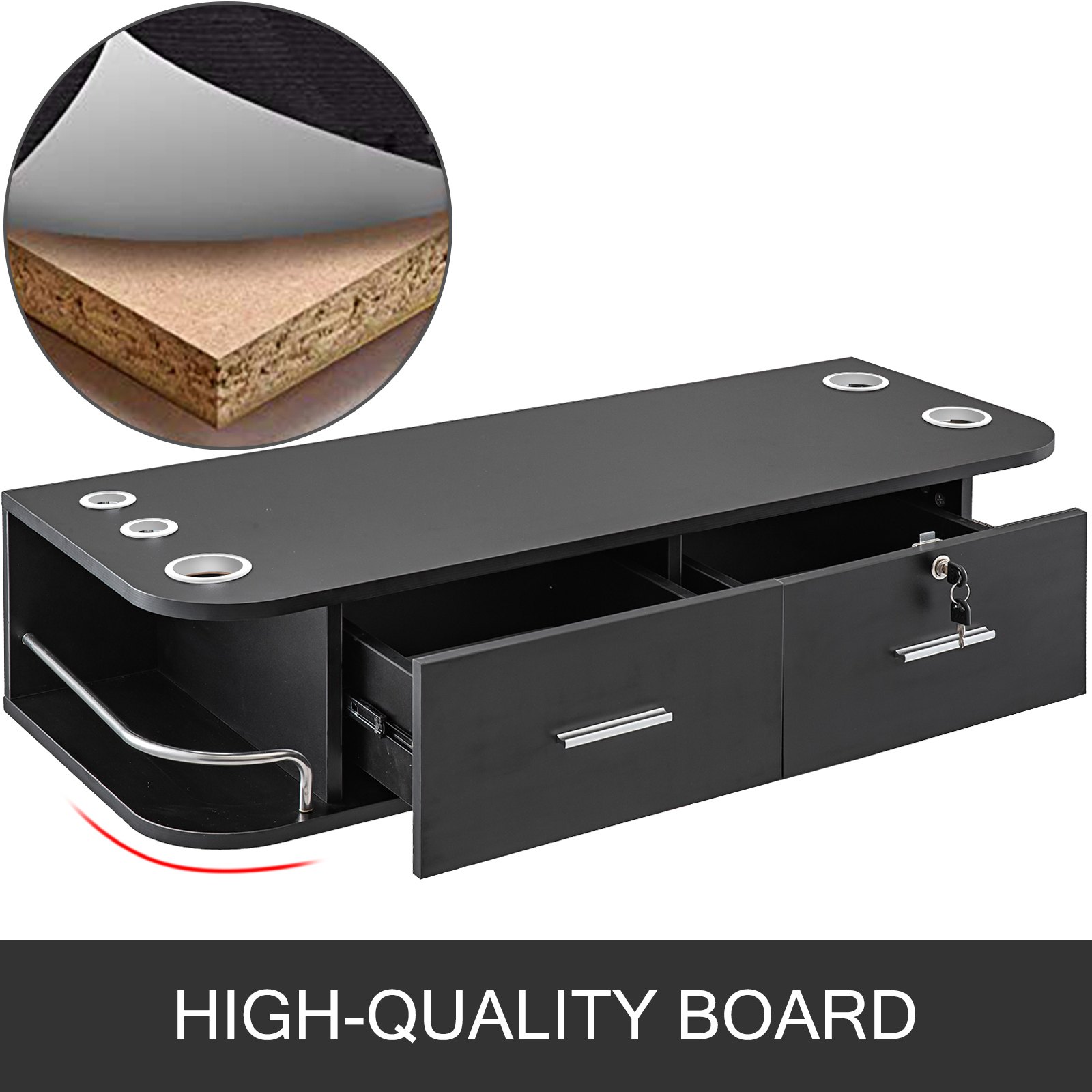 VEVOR black styling station with drawers, metal handles, and high-quality board.