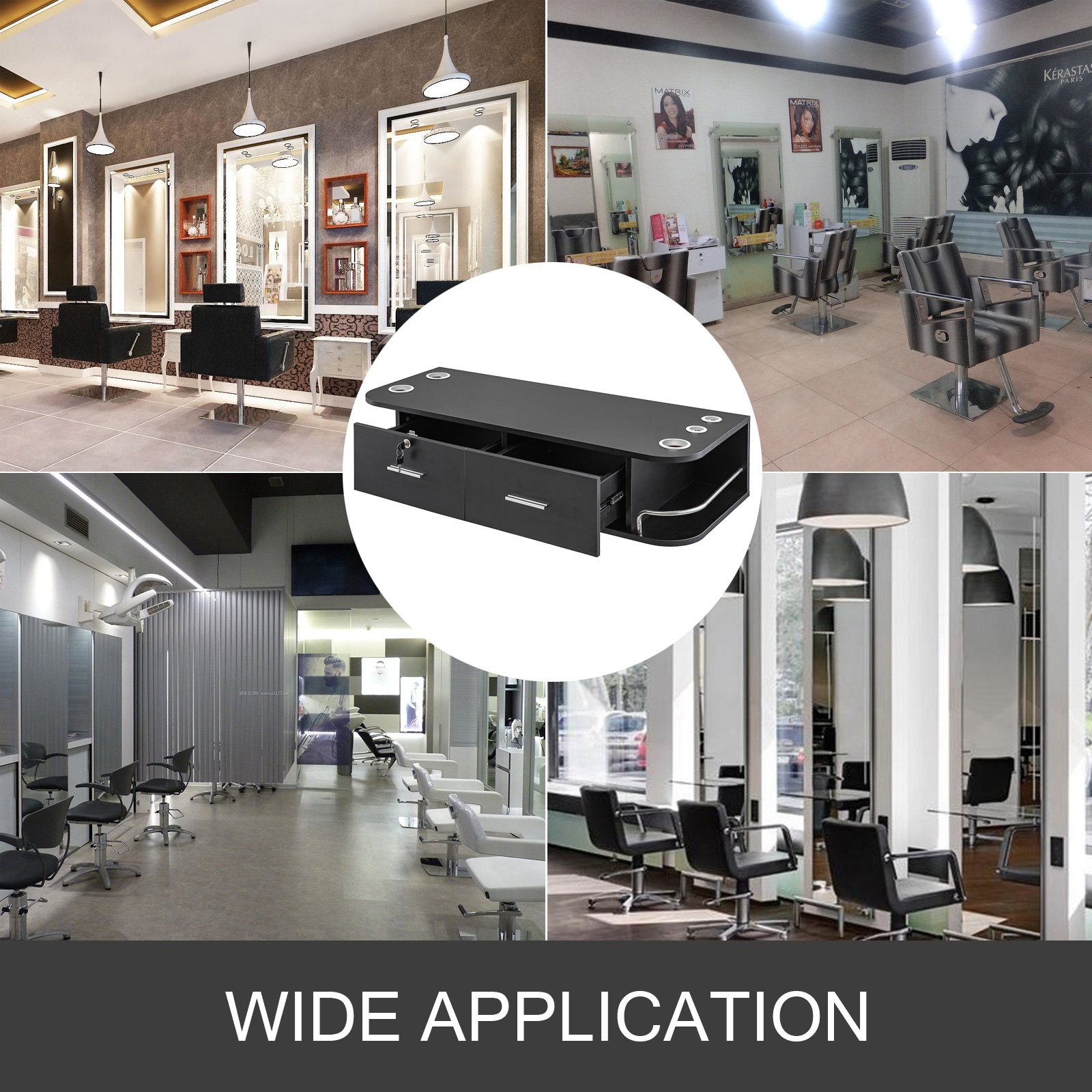 VEVOR black styling station in various salon settings for wide application.