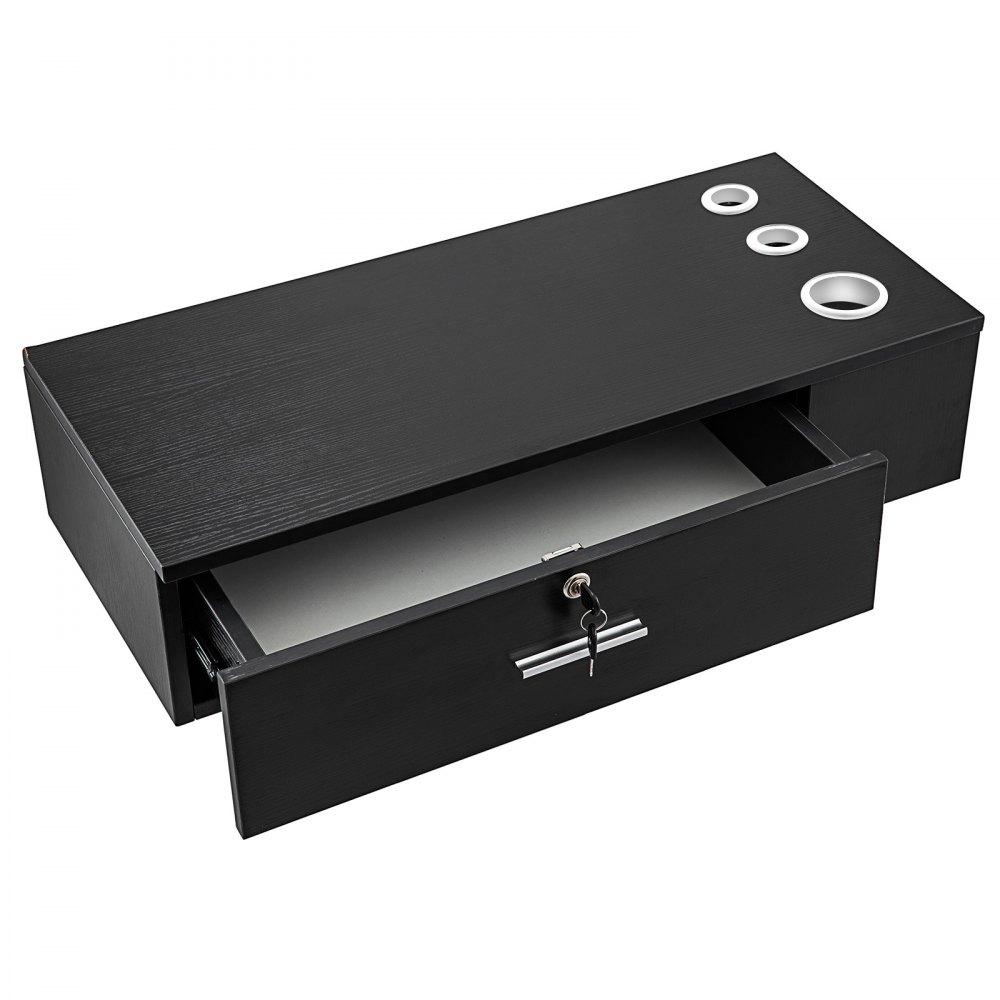 black VEVOR salon station with lockable drawer and appliance holders.