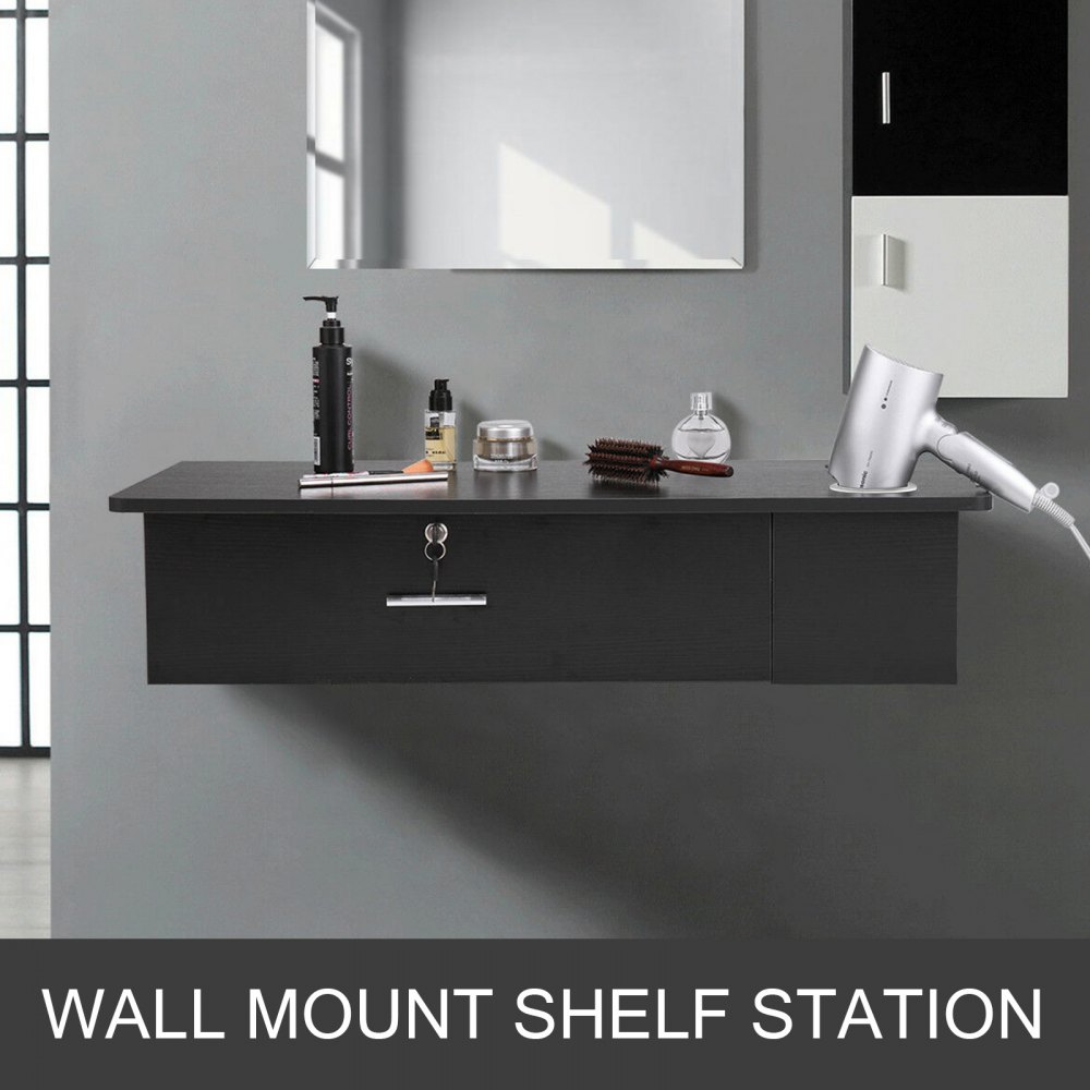 VEVOR salon station with mirror, wall-mounted shelf, and hair styling tools.