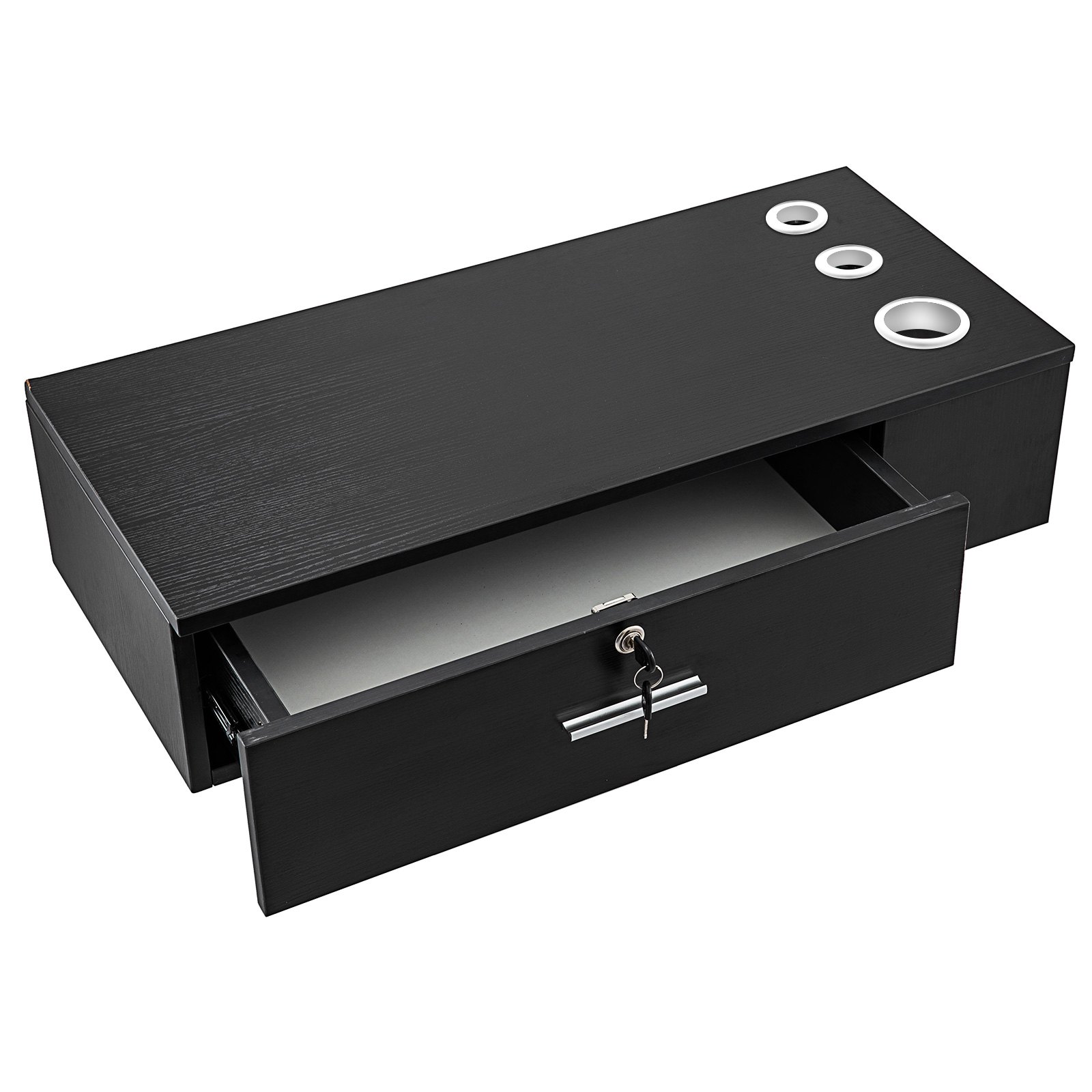 black VEVOR salon station with lockable drawer and appliance holders.