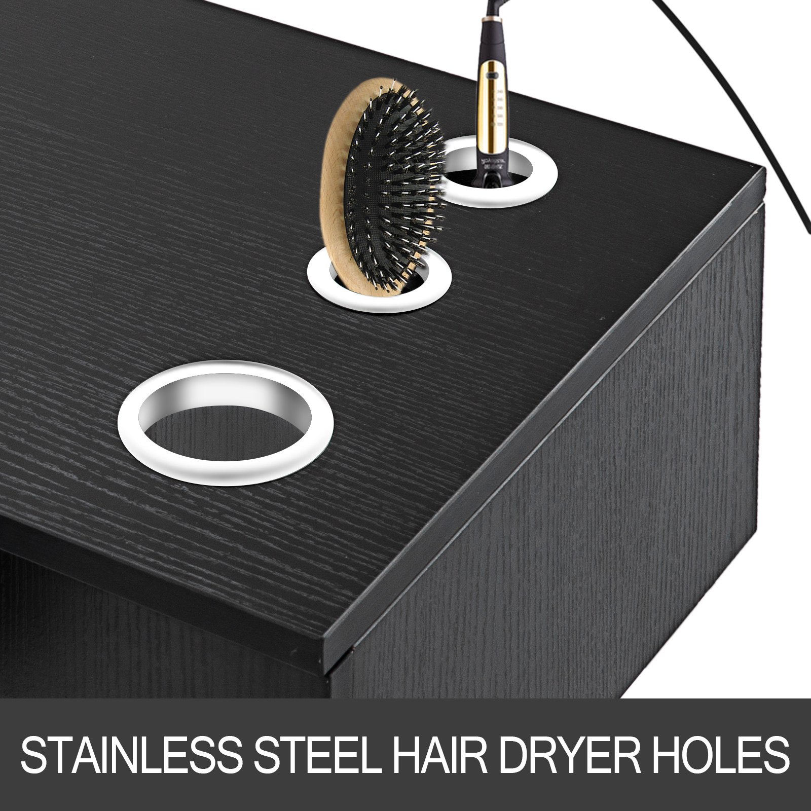 VEVOR salon station with stainless steel hair dryer and brush holes.