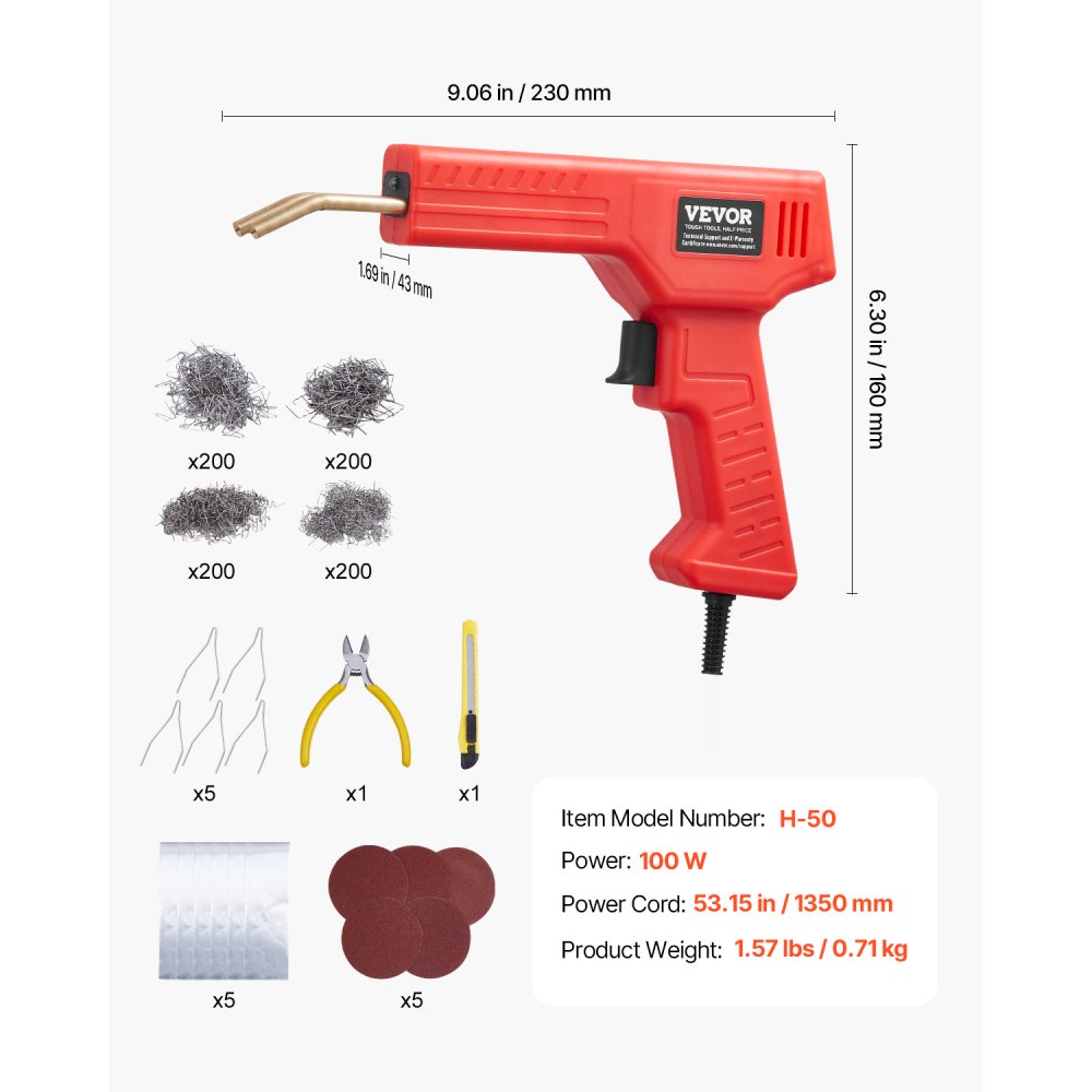 VEVOR Plastic Welder, 100W Plastic Welding Gun with 800PCS Hot Staples, Professional Hot Staple Welding Gun, Plastic Car Bumper Repair Kit with LED Light for Kayak, Toys, Plastic Crack Repair