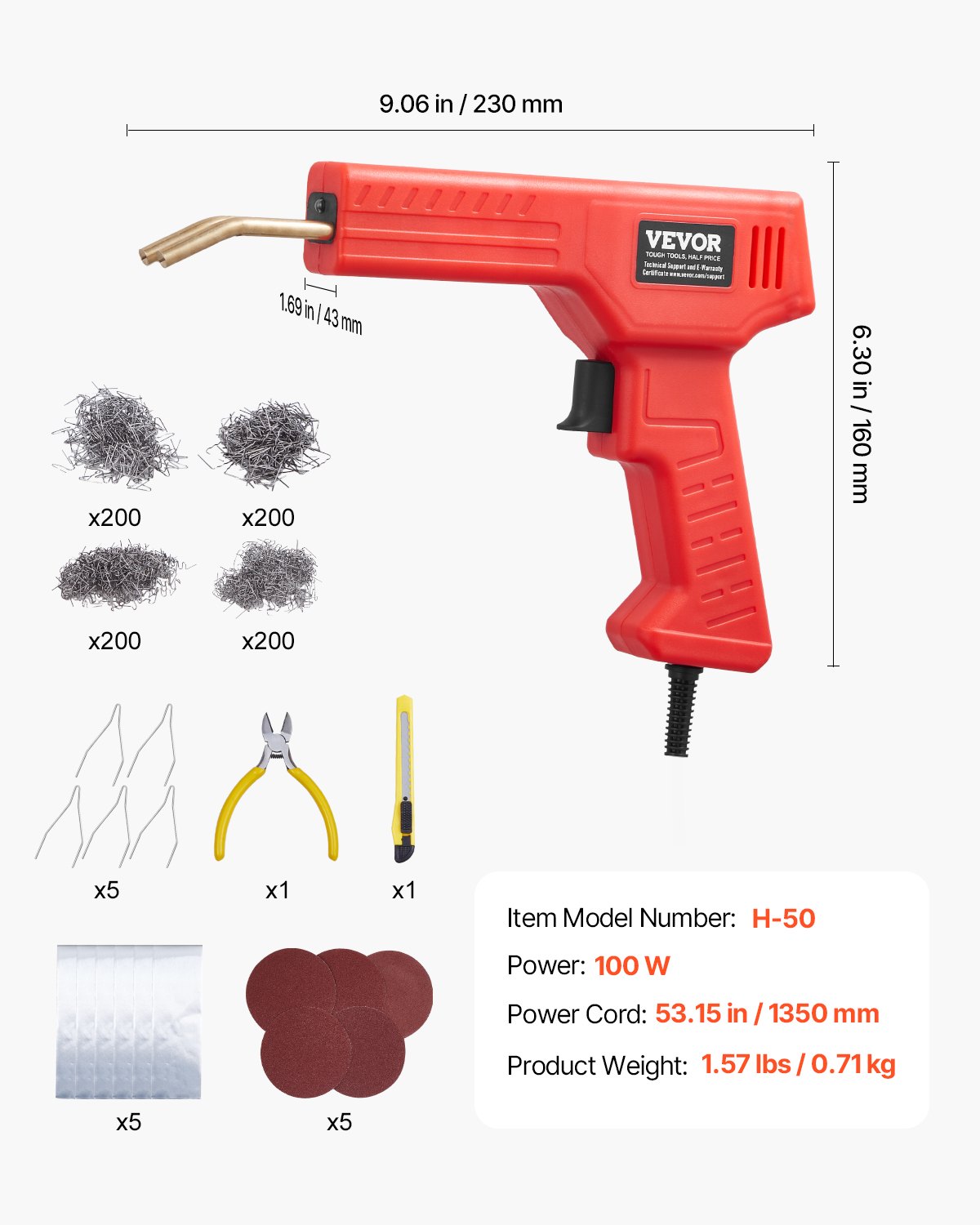 VEVOR Plastic Welder, 100W Plastic Welding Gun with 800PCS Hot Staples, Professional Hot Staple Welding Gun, Plastic Car Bumper Repair Kit with LED Light for Kayak, Toys, Plastic Crack Repair