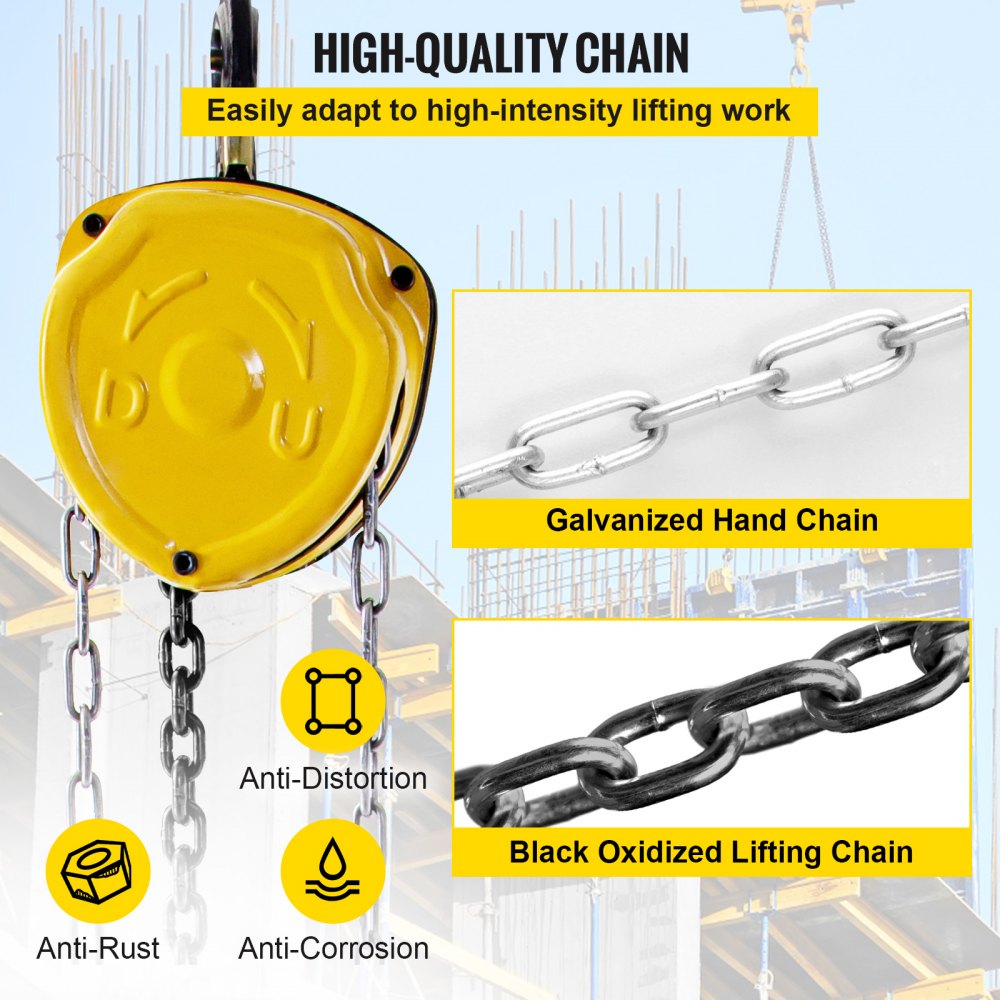 VEVOR chain hoist with galvanized hand chain and black oxidized lifting chain.