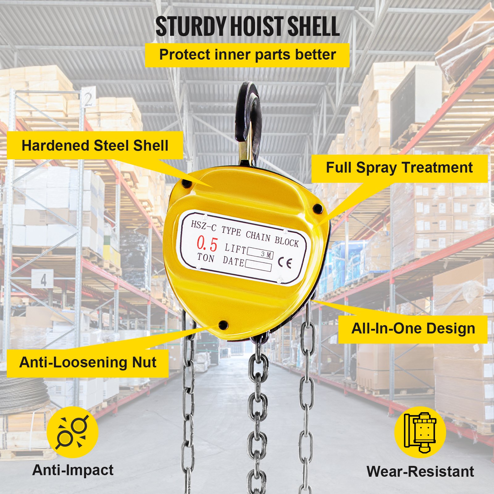 VEVOR chain hoist with sturdy hoist shell and hardened steel in a warehouse.