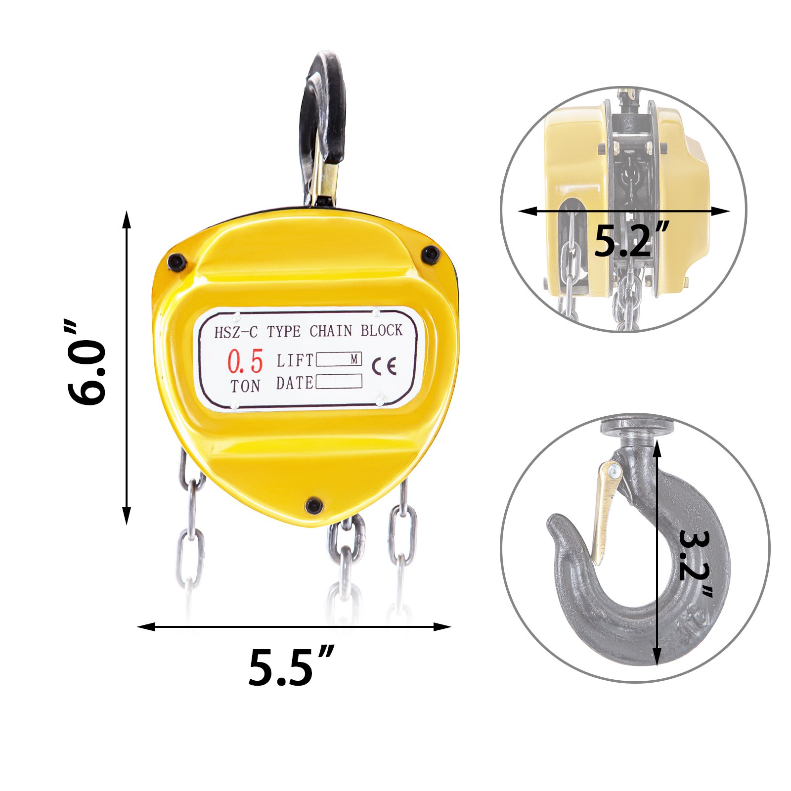 VEVOR Chain Hoist 1100lbs/0.5ton, Chain Block Hoist Manual Chain Hoist 20ft/6m Block Chain Hand Chain Lifting Hoist with Two Hooks Chain Pulley Tackle Hoist Winch Lifting Pulling Equipment in Yellow