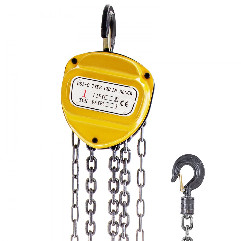 VEVOR chain hoist, yellow chain block with hook, 1-ton capacity.