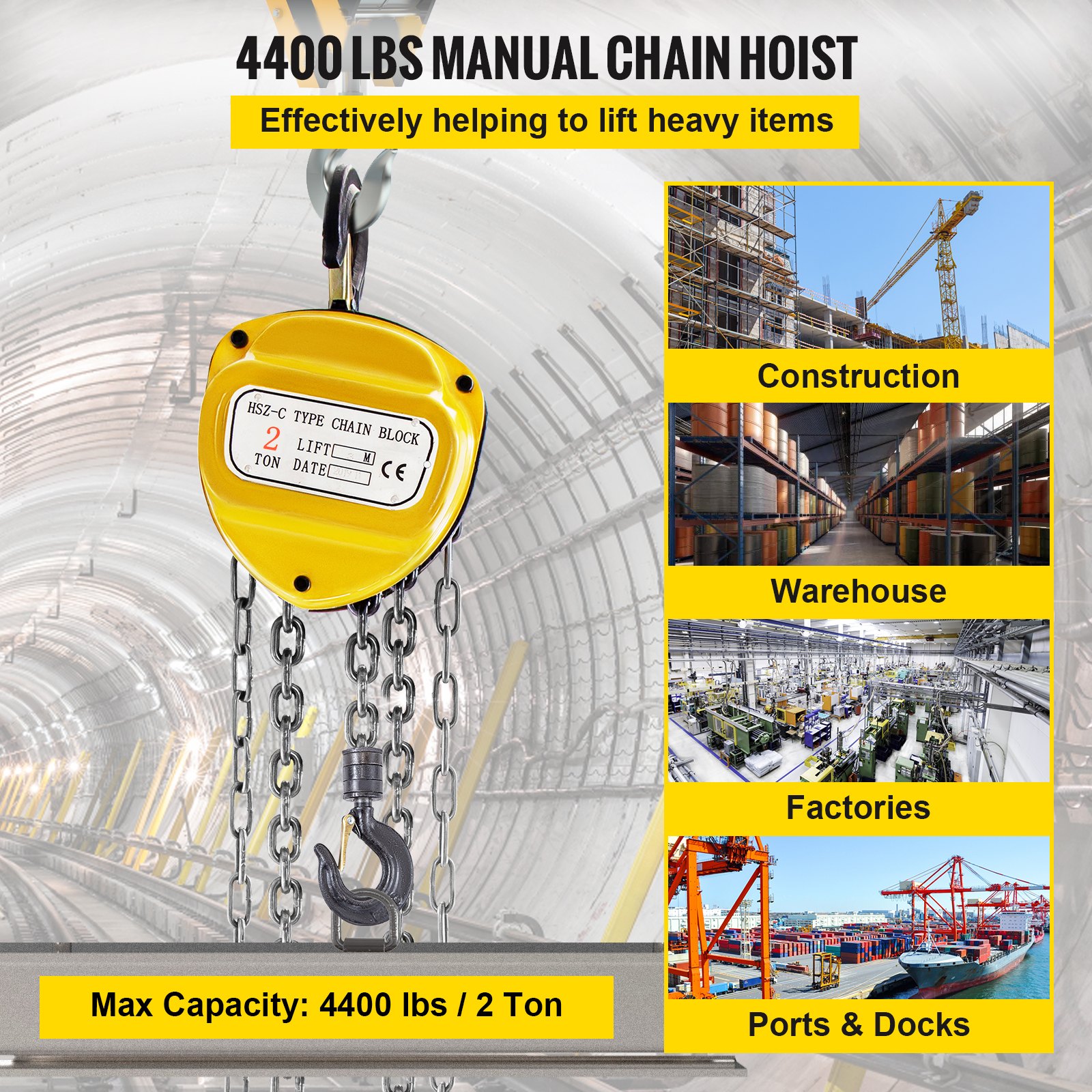 VEVOR Chain Hoist 4400lbs/2ton Chain Block Hoist Manual Chain Hoist 3m/10ft Block Chain Hand Chain Lifting Hoist w/Two Hooks Chain Pulley Tackle Hoist Winch Lifting Pulling Equipment Yellow