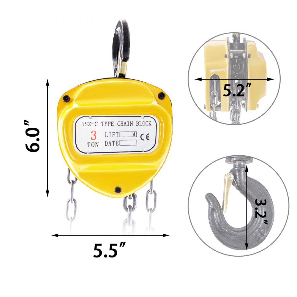 VEVOR Chain Hoist 6600lbs/3ton, Chain Block Hoist Manual Chain Hoist 10ft/3m, Block Chain Hand Chain Lifting Hoist, w/ Two Hooks Chain Pulley Tackle Hoist Winch Lifting Pulling Equipment