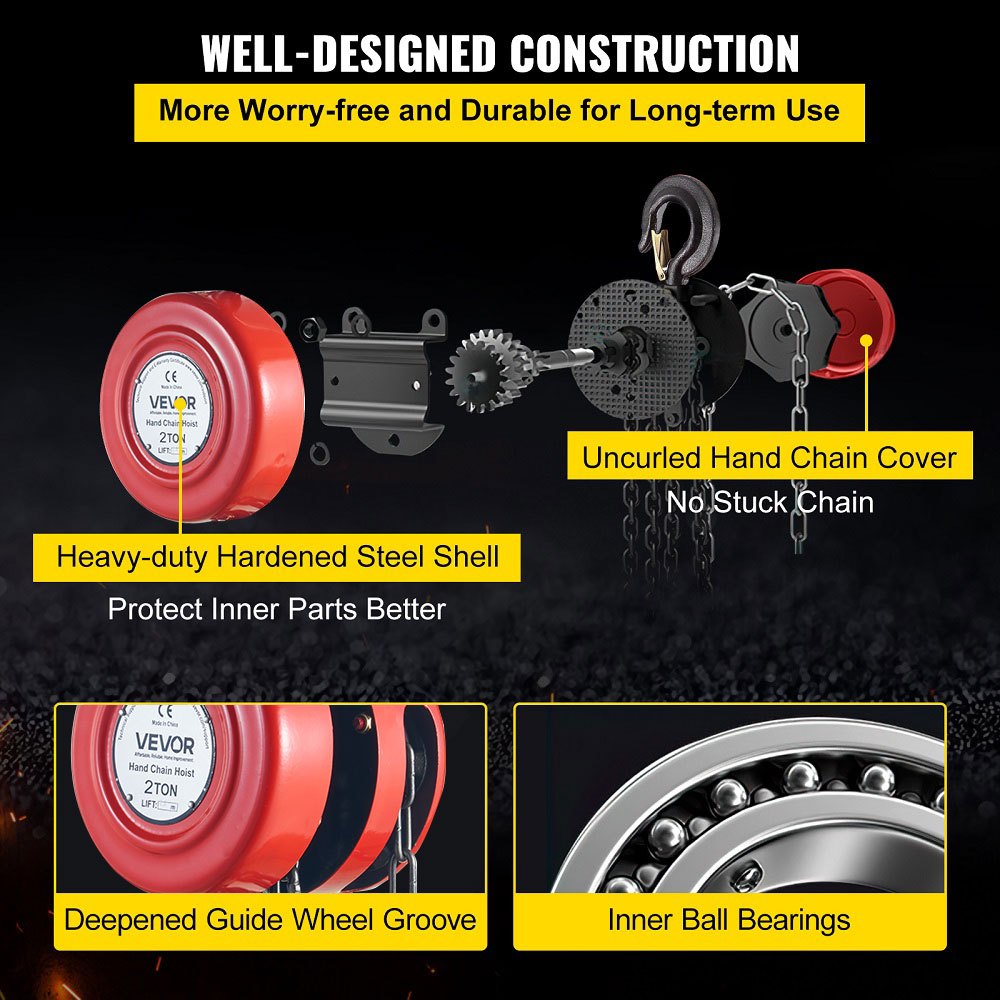 VEVOR Hand Chain Hoist, 4400 lbs /2 Ton Capacity Chain Block, 8ft/2.5m Lift Manual Hand Chain Block, Manual Hoist with Industrial-Grade Steel Construction for Lifting Good in Transport & Workshop, Red