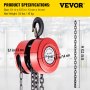 VEVOR hand chain hoist specifications and dimensions in a warehouse background.