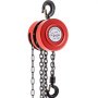 red 2-ton VEVOR hand chain hoist with black hook and steel chains.