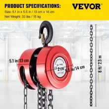 VEVOR Hand Chain Hoist, 4400 lbs /2 Ton Capacity Chain Block, 8ft/2.5m Lift Manual Hand Chain Block, Manual Hoist w/Industrial-Grade Steel Construction for Lifting Good in Transport & Workshop, Red