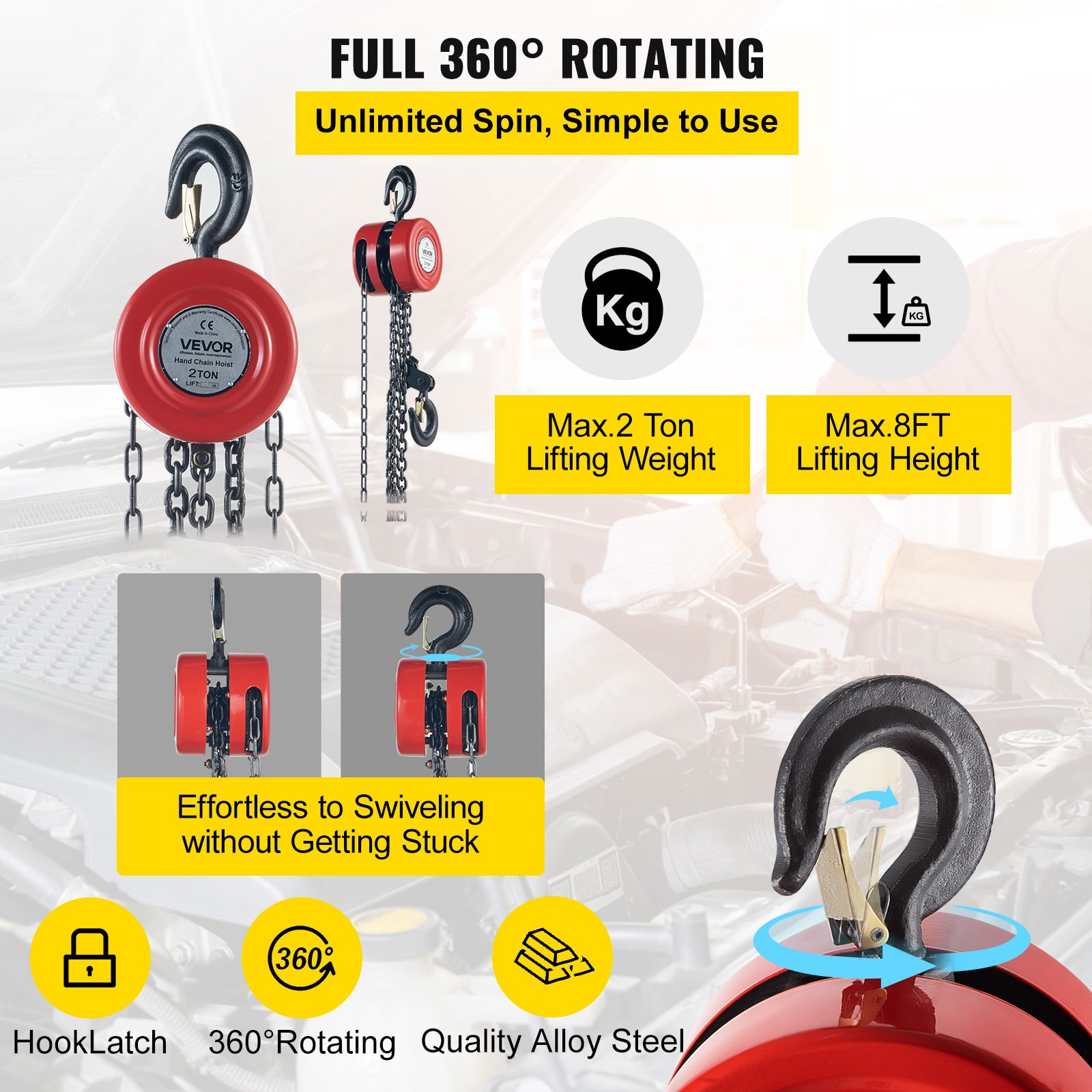 VEVOR Chain Hoist Chain Block 2 Ton Capacity 2.5 M Lift Steel Construction Red