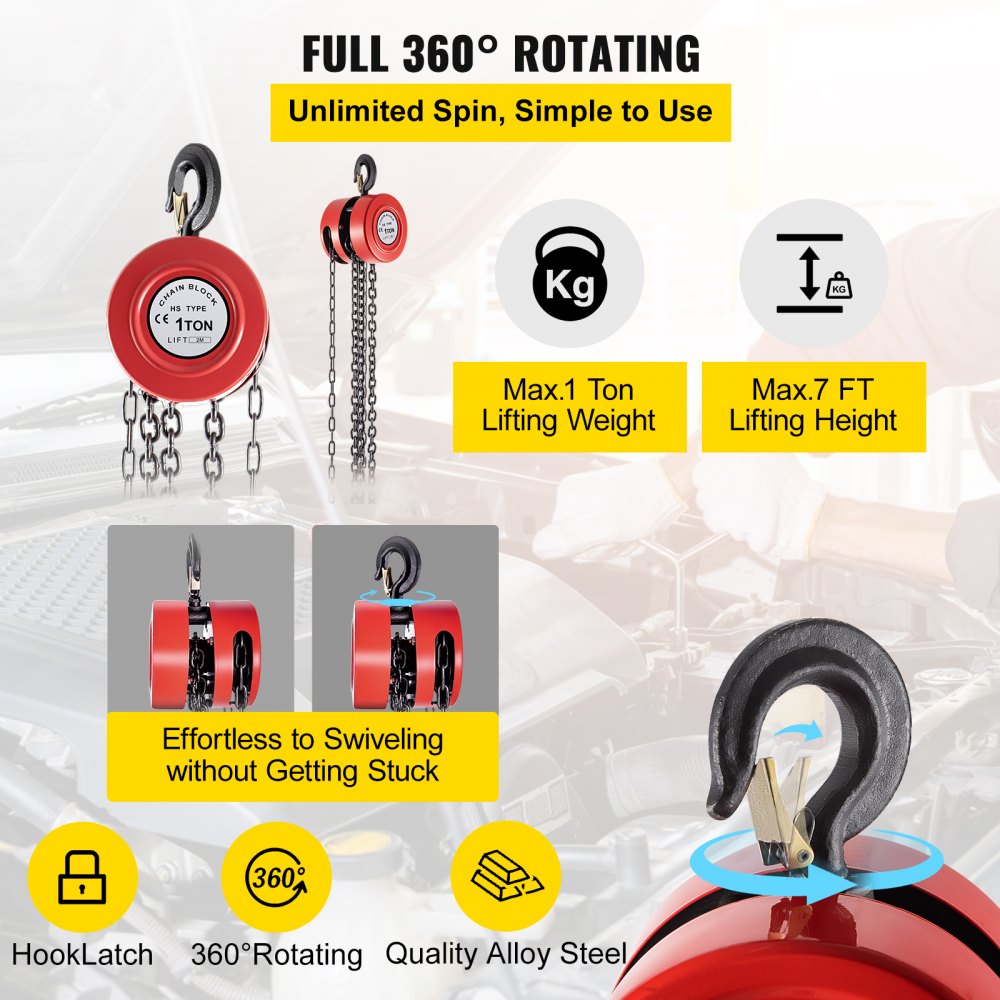 VEVOR Hand Chain Hoist, 2200 lbs /1 Ton Capacity Chain Block, 7ft/2m Lift Manual Hand Chain Block, Manual Hoist with Industrial-Grade Steel Construction for Lifting Good in Transport & Workshop, Red