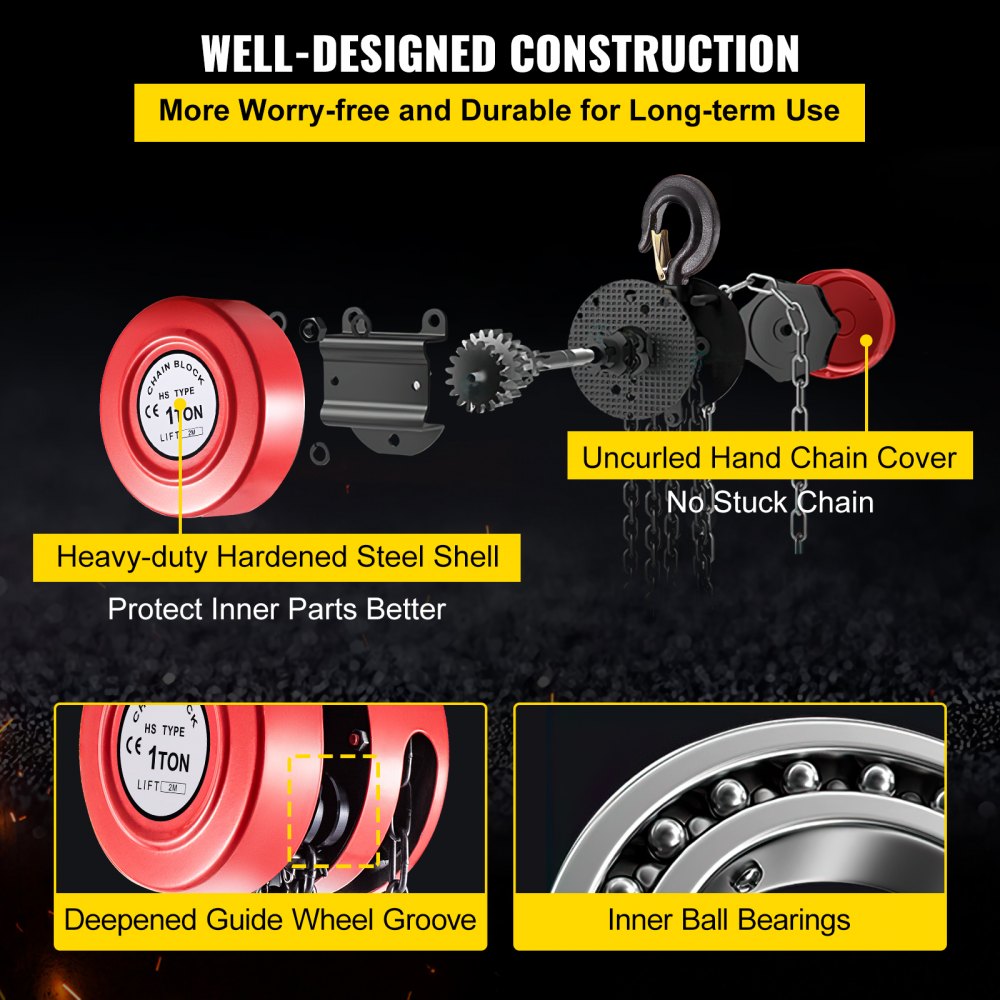 VEVOR Hand Chain Hoist, 2200 lbs /1 Ton Capacity Chain Block, 7ft/2m Lift Manual Hand Chain Block, Manual Hoist with Industrial-Grade Steel Construction for Lifting Good in Transport & Workshop, Red